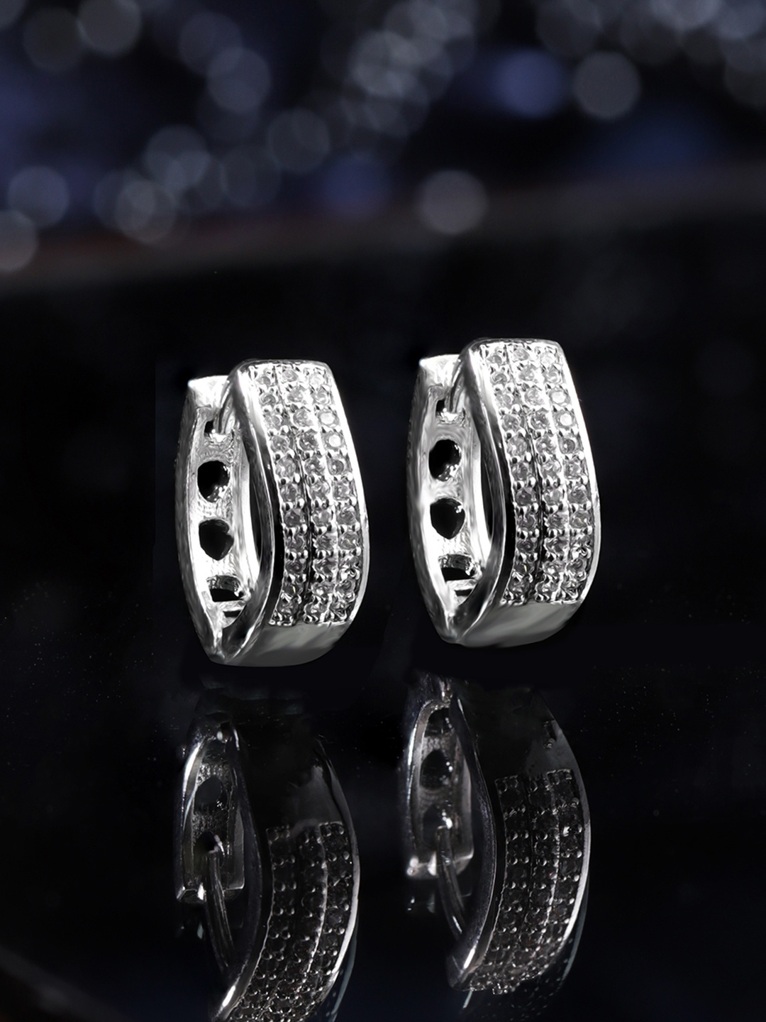

Rubans Voguish Rhodium Plated Zirconia Studded Hoop Earrings, Silver