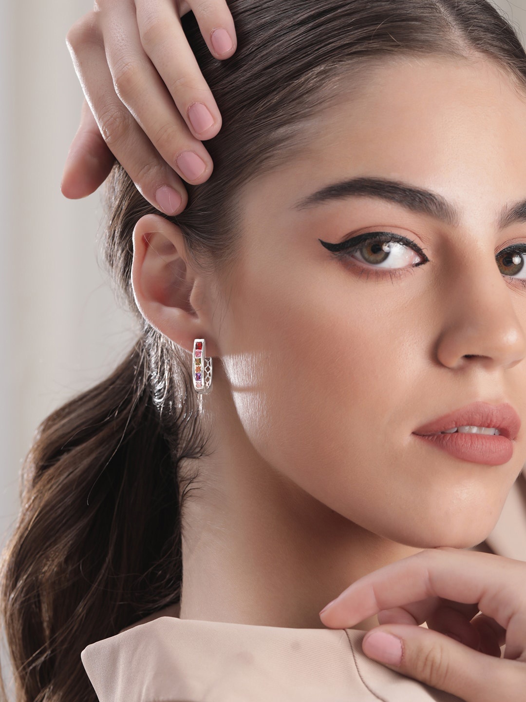 

Rubans Voguish Rhodium Plated Zirconia Studded Hoop Earrings, Silver