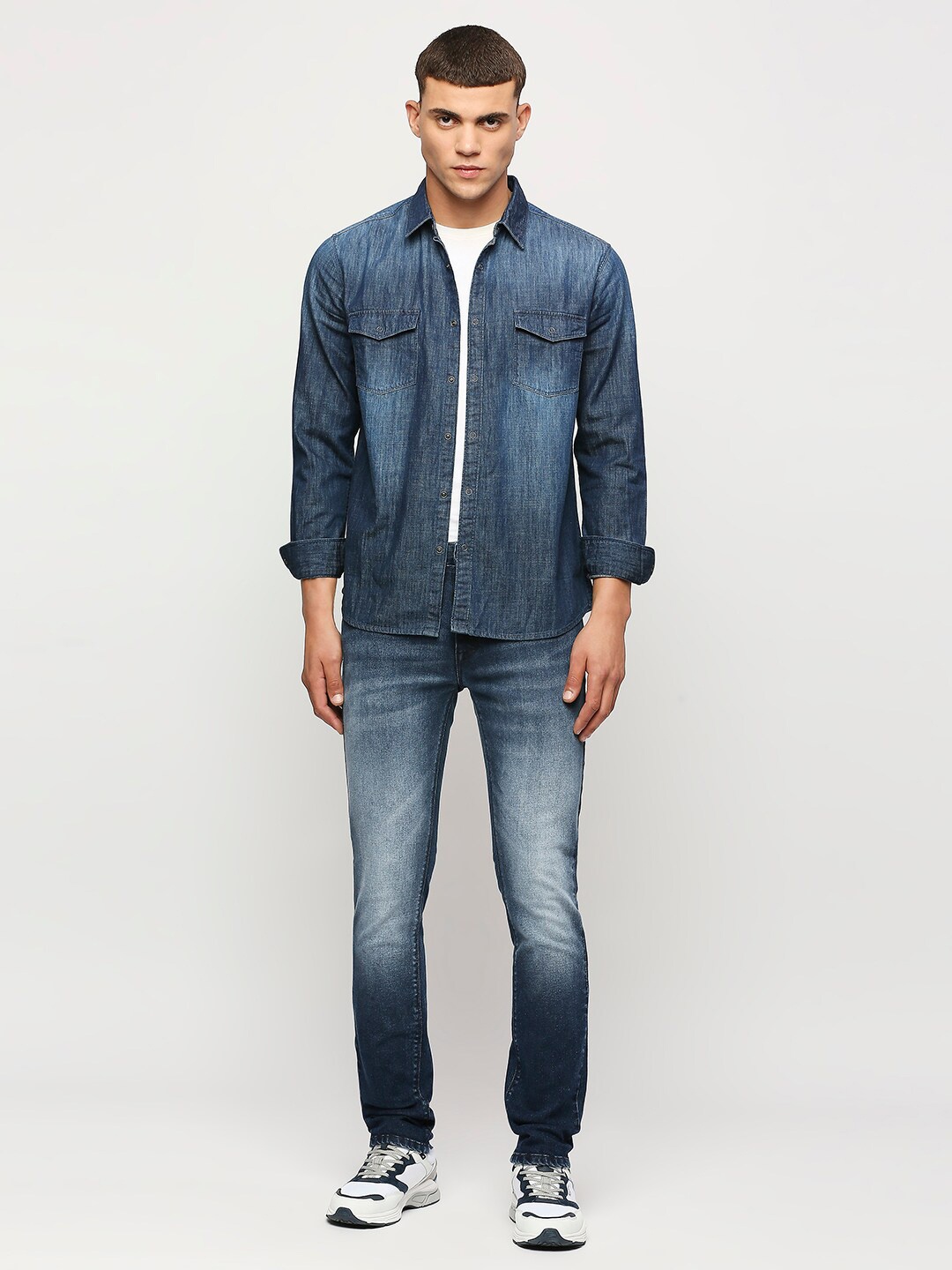 

Pepe Jeans Faded Washed Pure Cotton Casual Denim Shirt, Blue