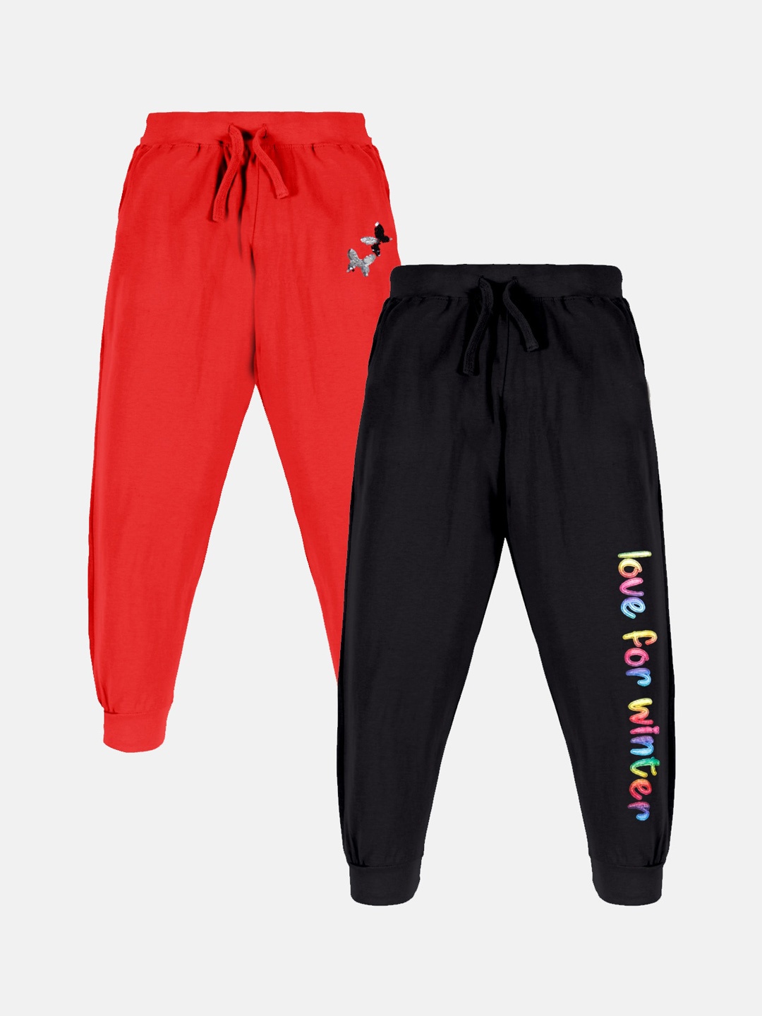 

KiddoPanti Girls Pack Of 2 Printed Pure Cotton Joggers, Red