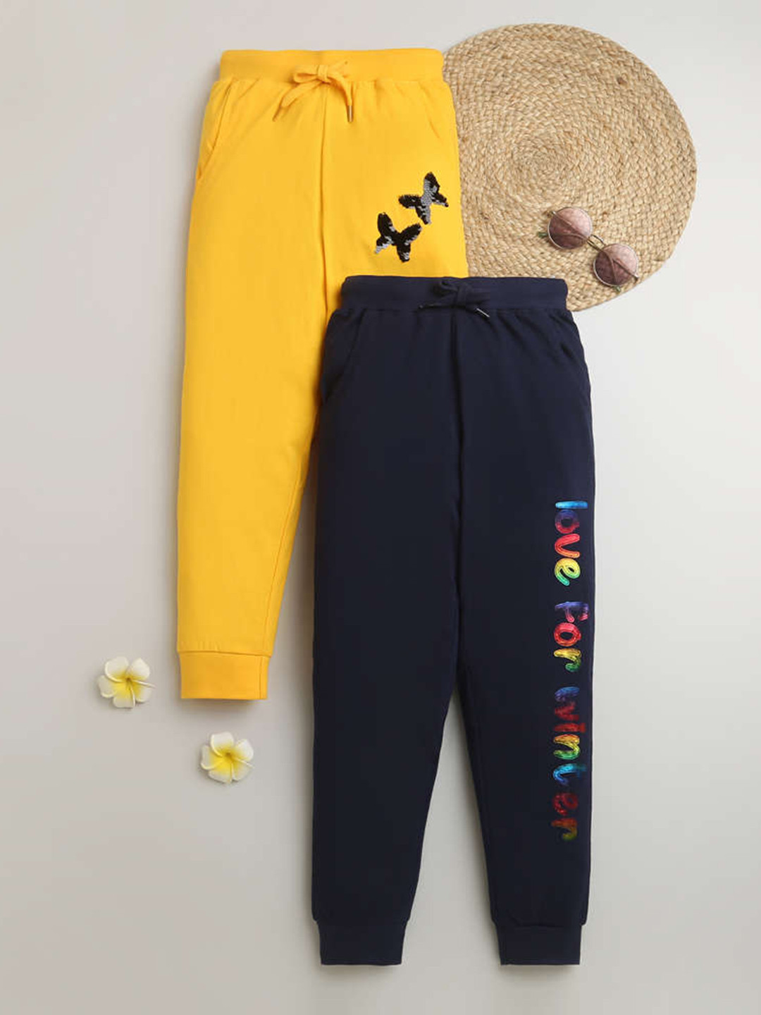 

KiddoPanti Girls Pack Of 2 Printed Pure Cotton Joggers, Mustard