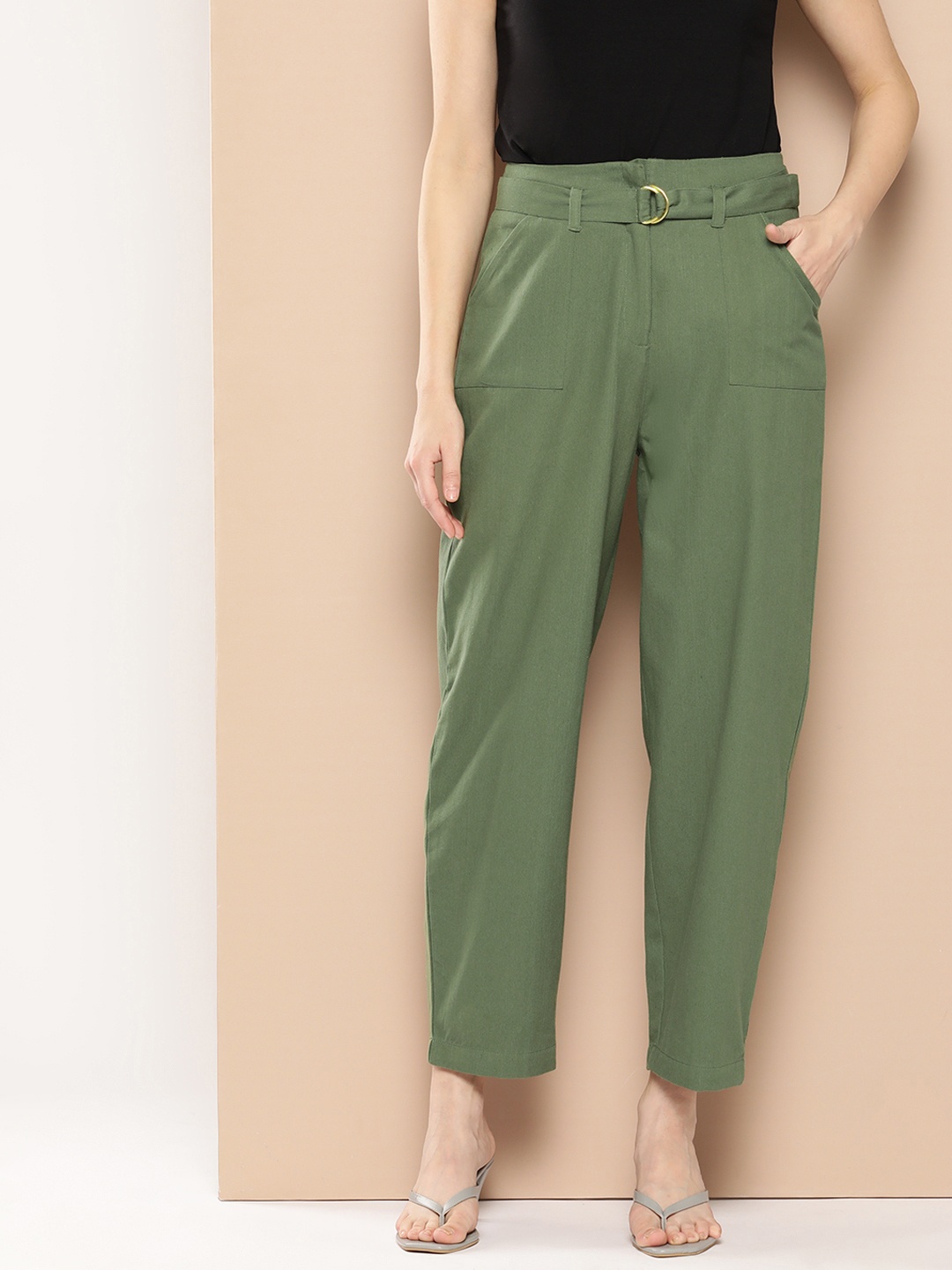 

Chemistry Women Cotton Trousers with Belt, Green