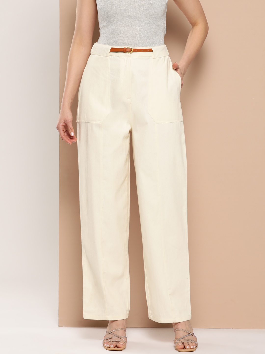

Chemistry Women Cotton High-Rise Pleated Trousers with Belt, Cream