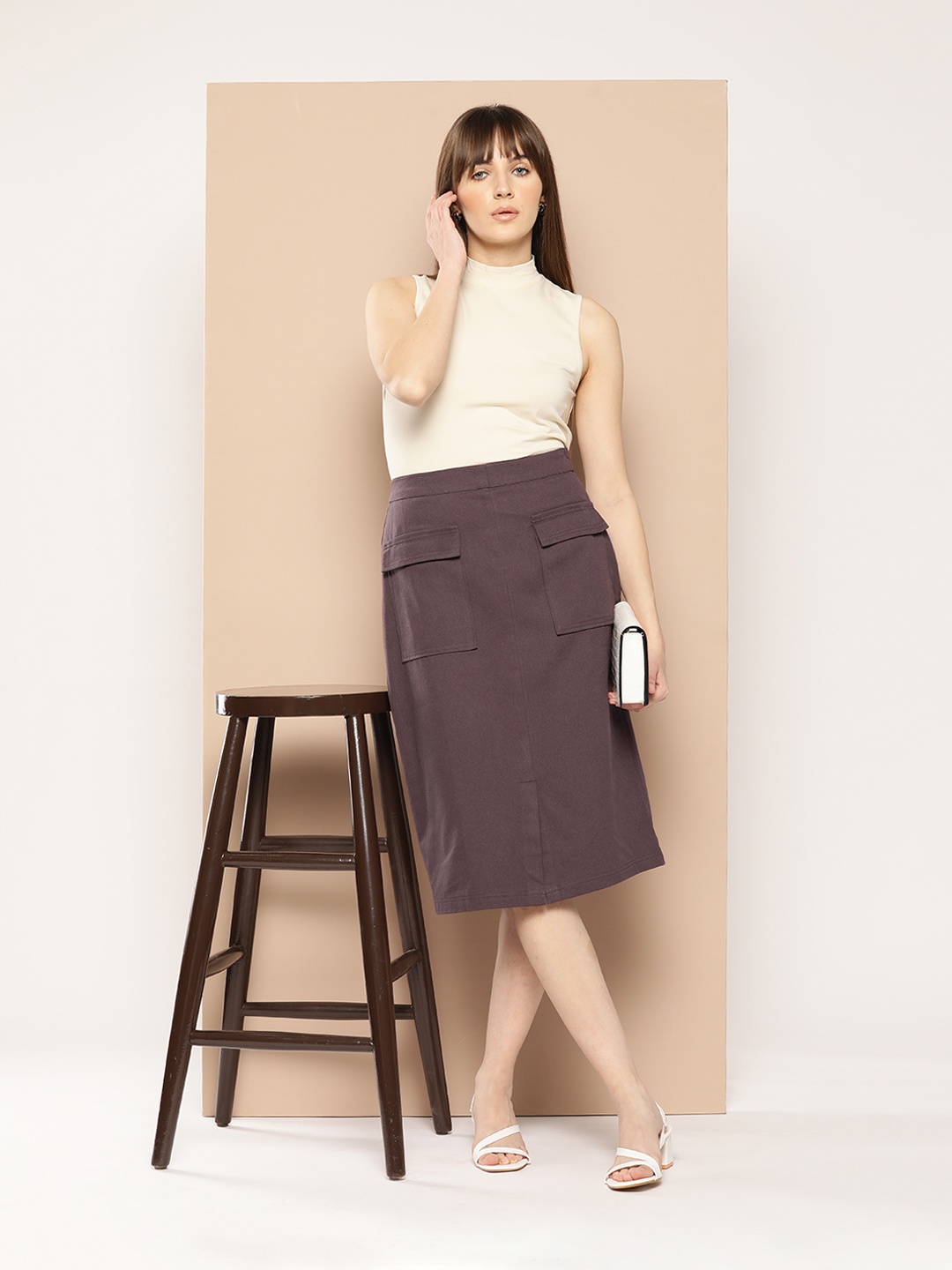 

Chemistry Cotton Front Slit Midi Straight Skirt, Maroon