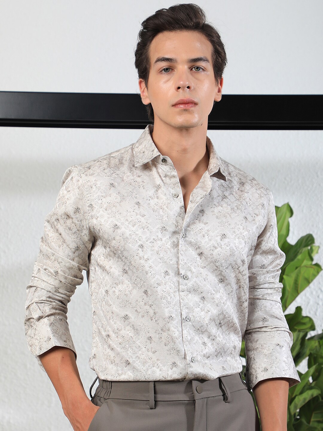 

RARE RABBIT Men Rosem Slim Fit Floral Printed Cotton Shirt, Beige