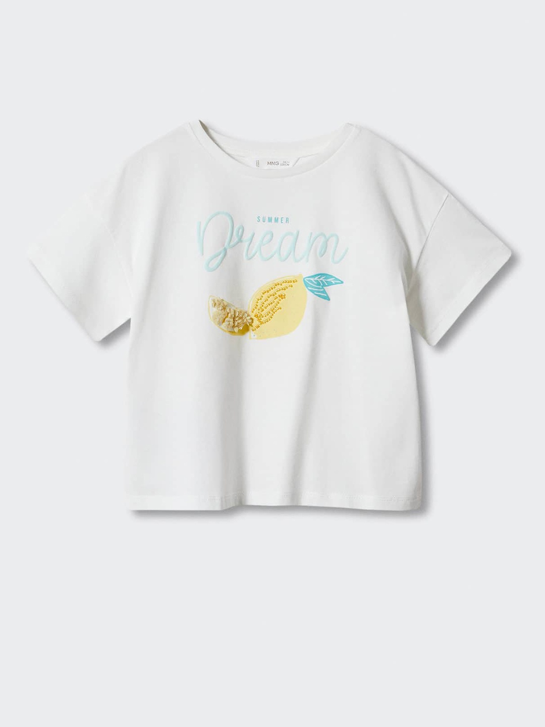 

Mango Kids Girls Pure Cotton Typography Printed Drop-Shoulder Sleeves T-shirt, White