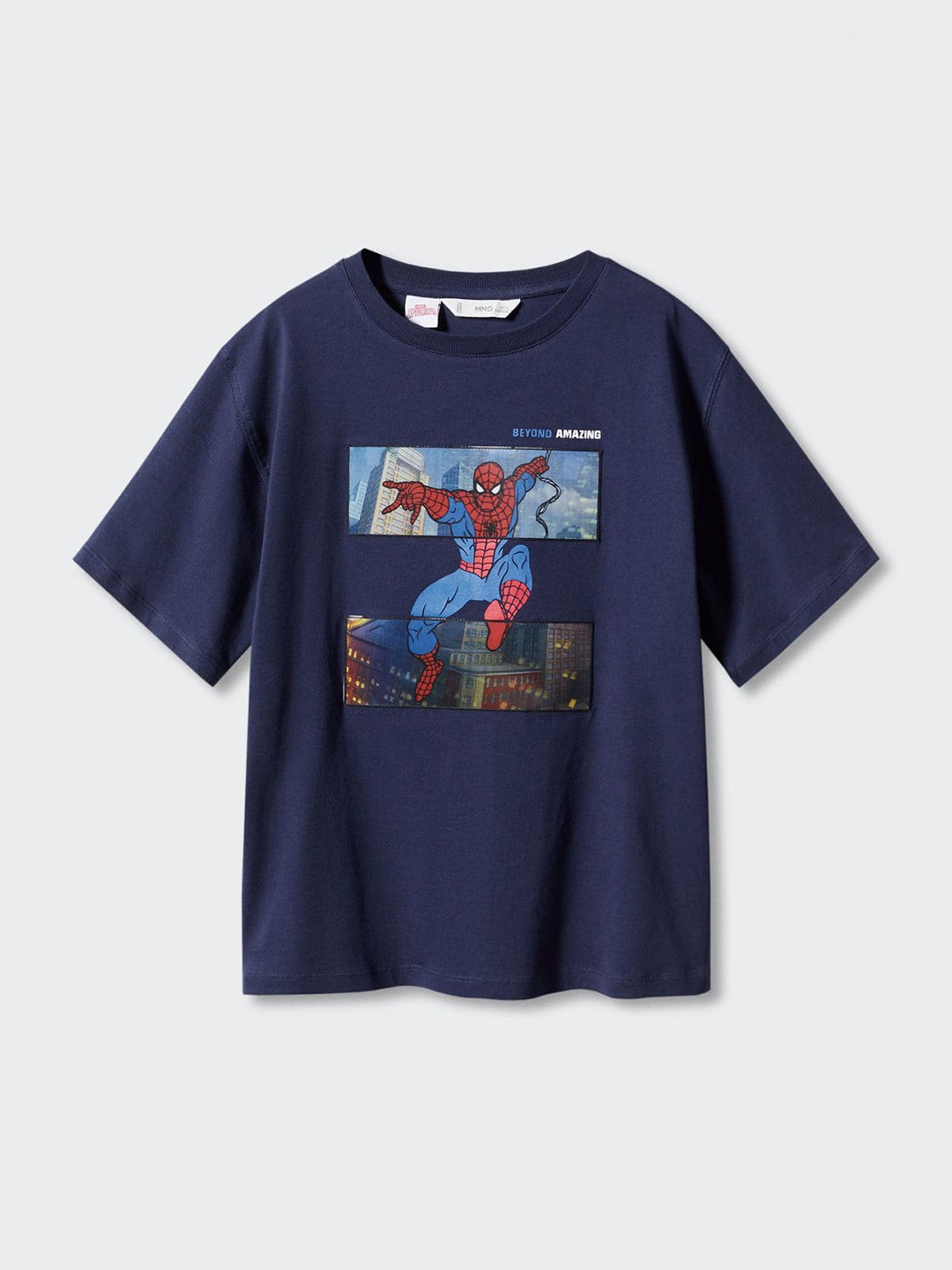 

Mango Kids Boys Pure Cotton Spider-Man Printed Drop-Shoulder Sleeves T-shirt, Navy blue