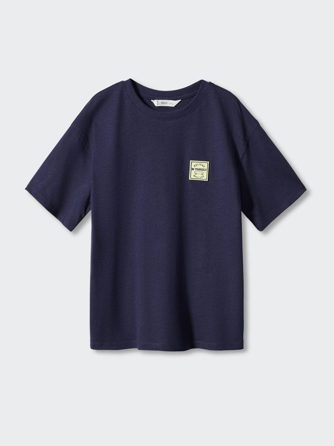 

Mango Kids Boys Pure Cotton Printed Back Drop-Shoulder Sleeves Applique T-shirt, Navy blue