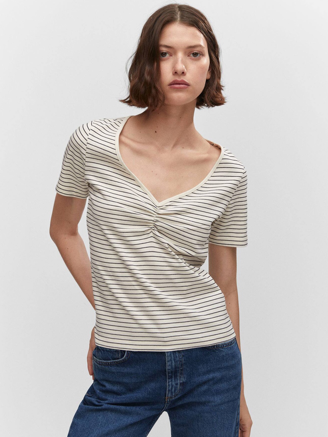 

MANGO Striped Pure Cotton T-shirt, Off white