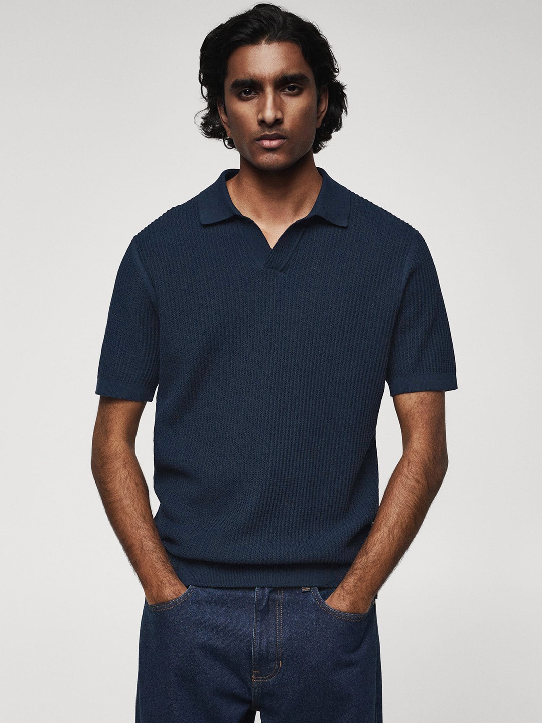 

MANGO MAN Self-Striped Polo Collar Cotton T-shirt, Navy blue