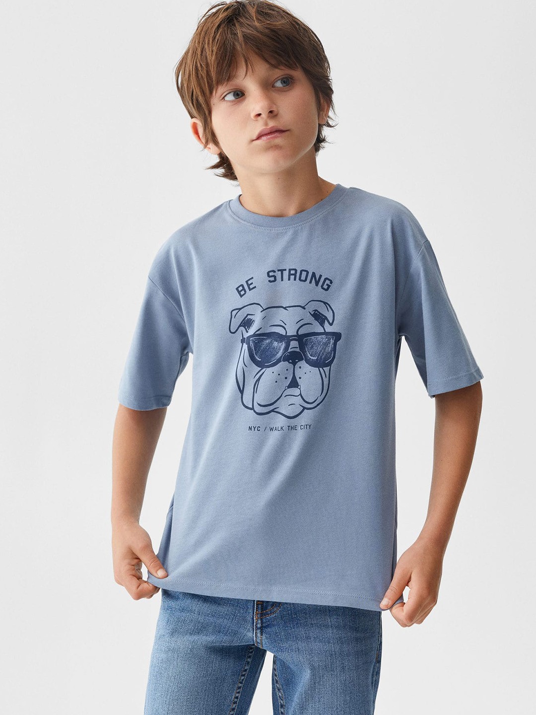 

Mango Kids Boys Pure Cotton Printed Drop-Shoulder Sleeves T-shirt, Blue