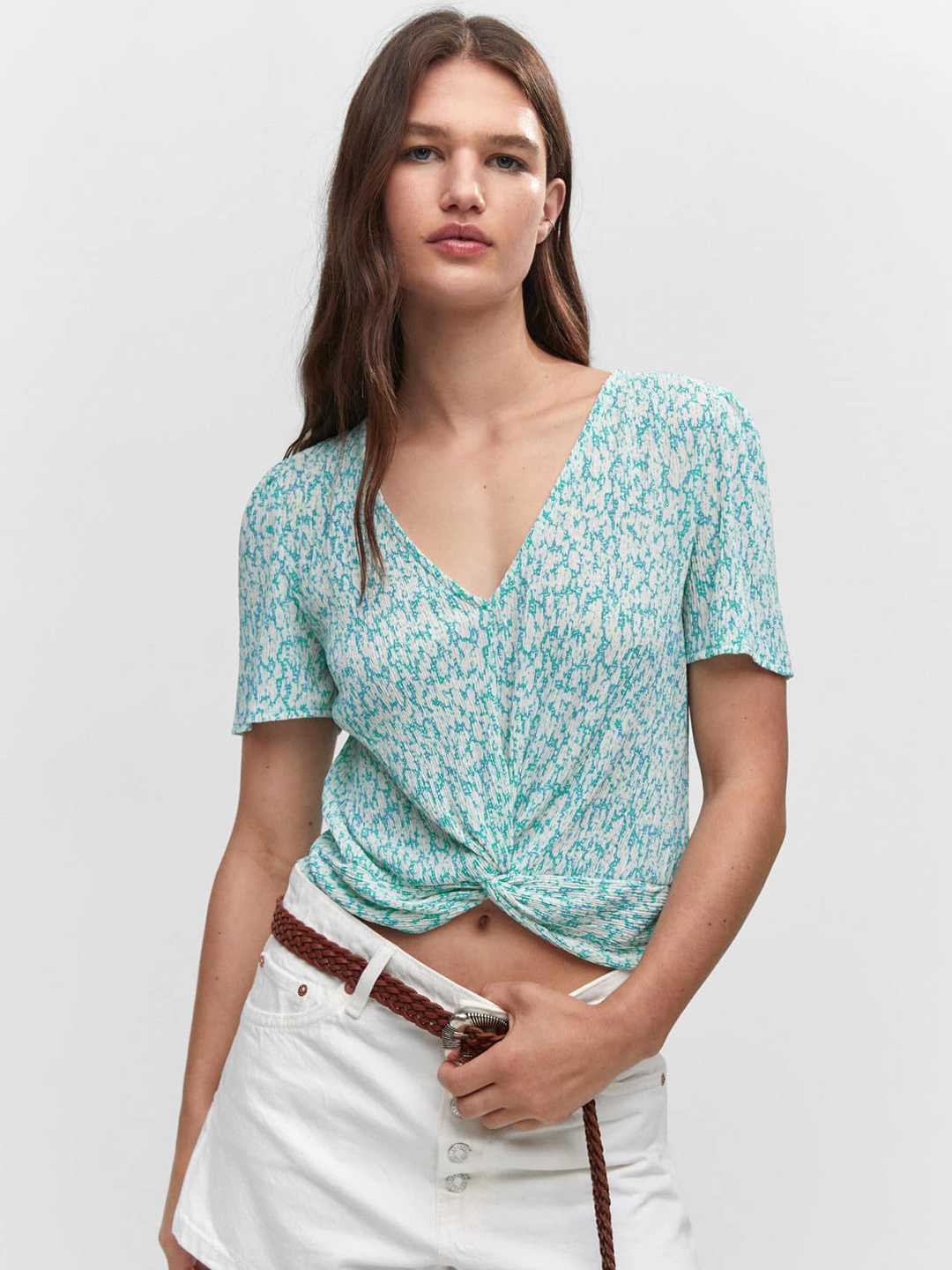 

MANGO Textured Printed Twisted Crop Top, Turquoise blue