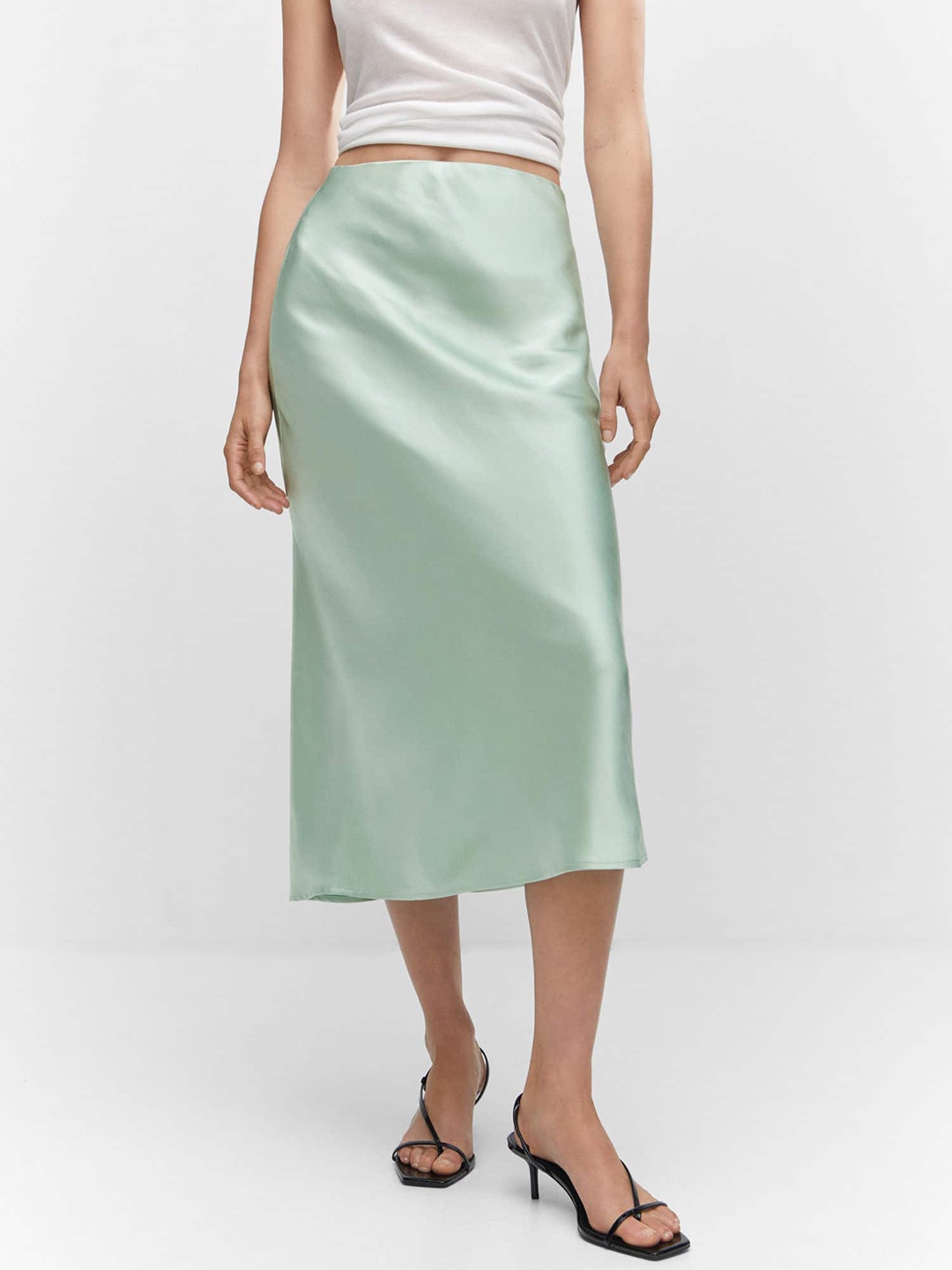 

MANGO Women Satin Midi Skirt, Sea green