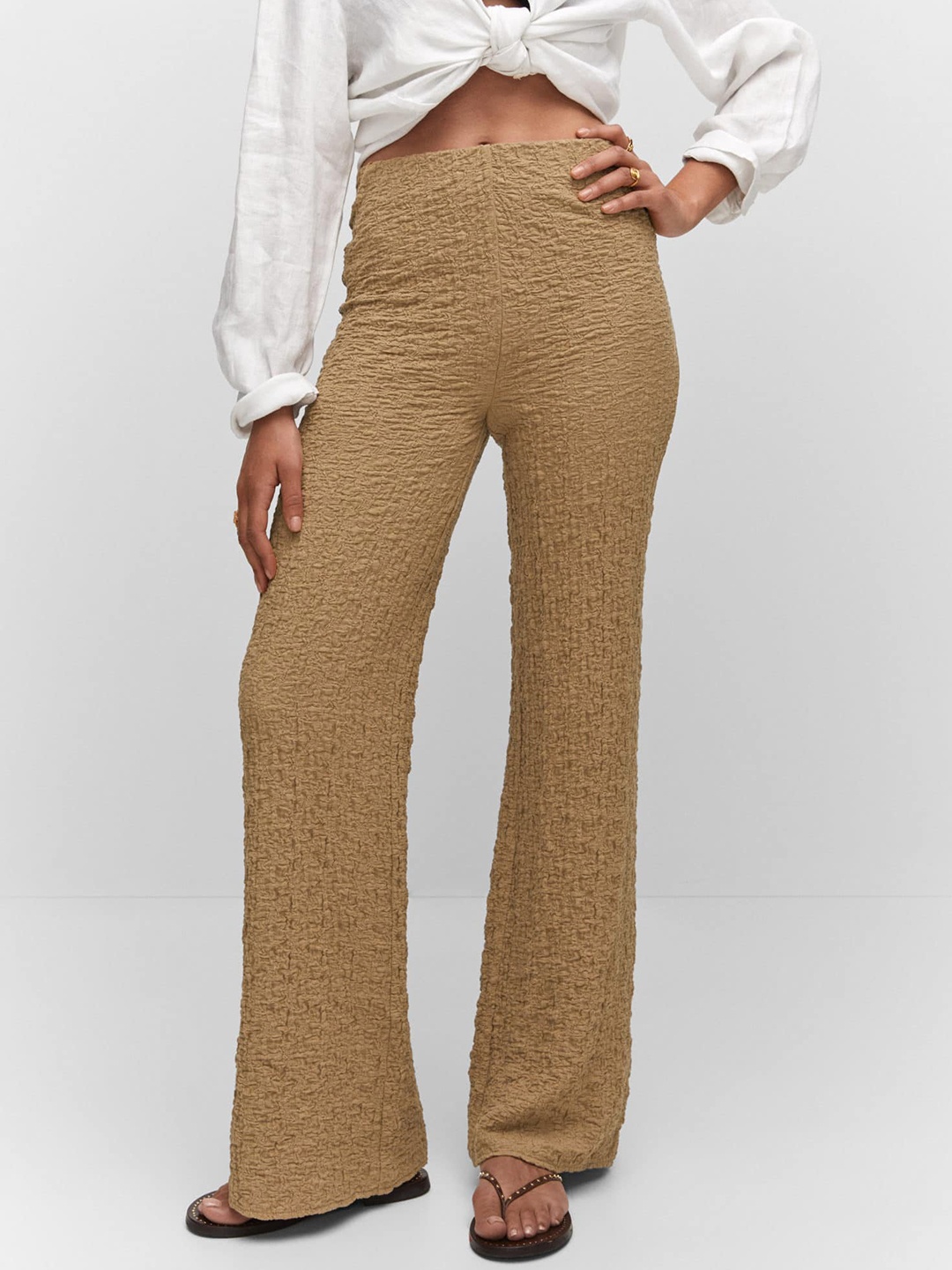 

MANGO Women Textured Wide Leg High-Rise Trousers, Brown