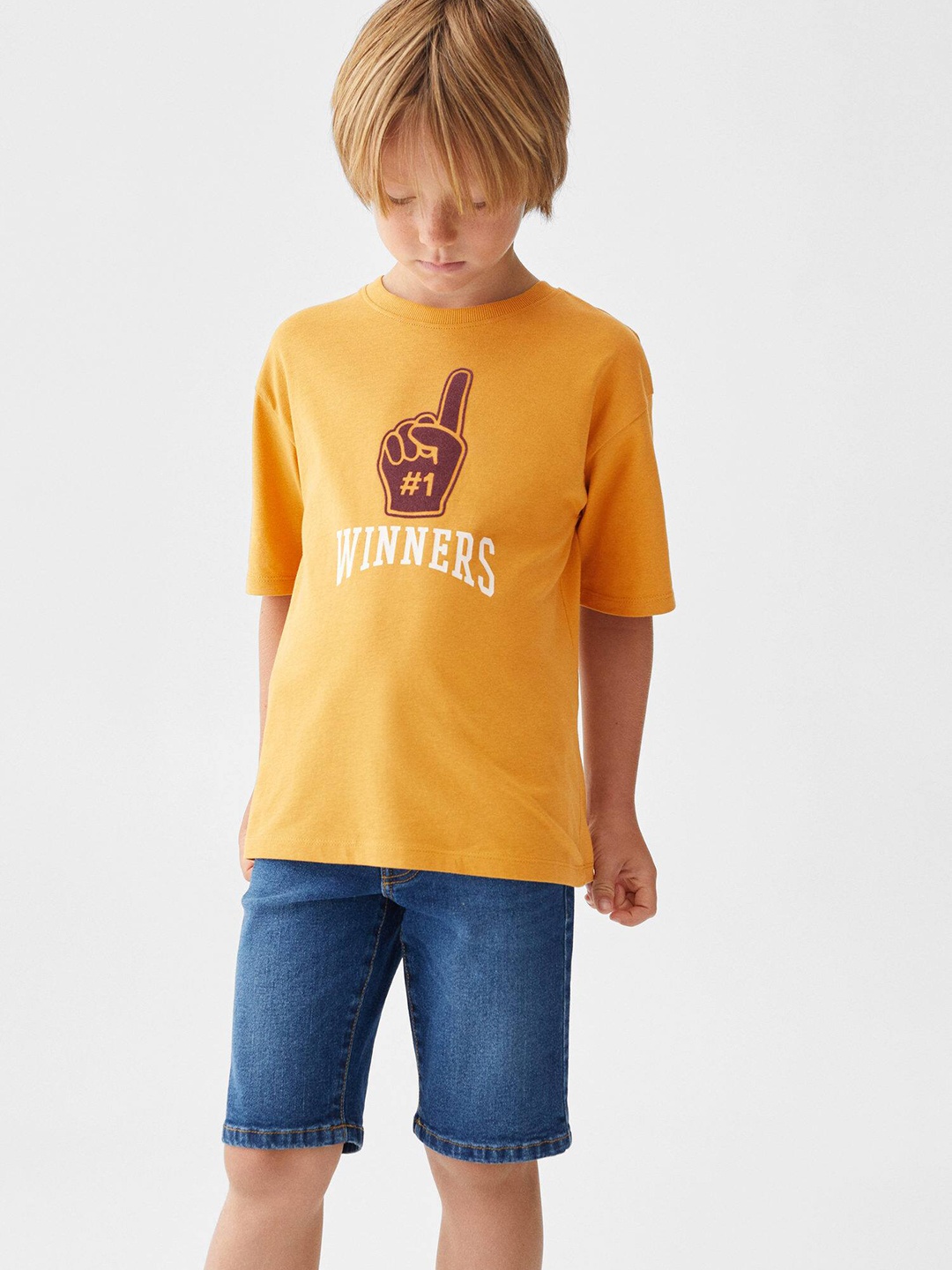 

Mango Kids Boys Pure Cotton Typography Printed Drop-Shoulder Sleeves T-shirt, Mustard