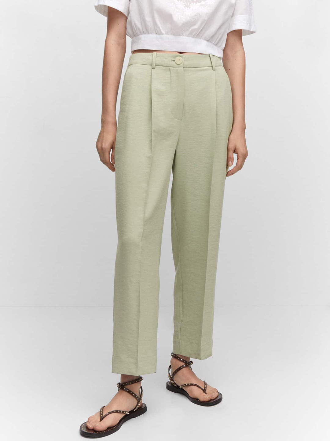 

MANGO Women Straight Fit High-Rise Pleated Trousers, Green