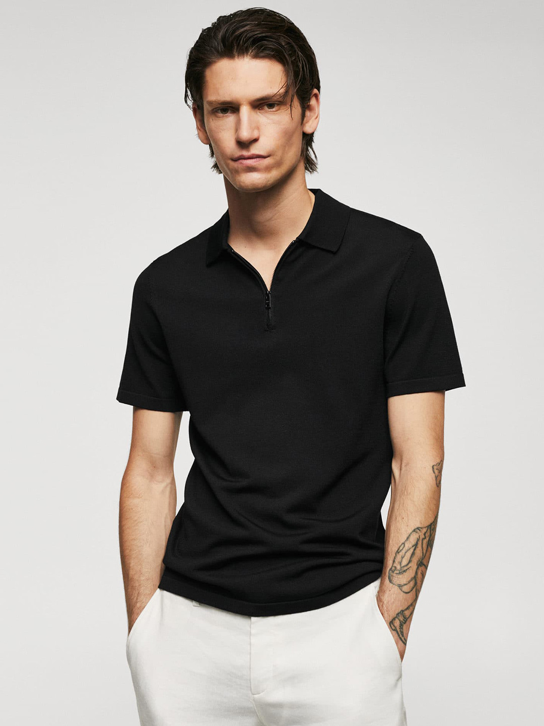 

MANGO MAN Fine Knit Polo Collar T-shirt, Black