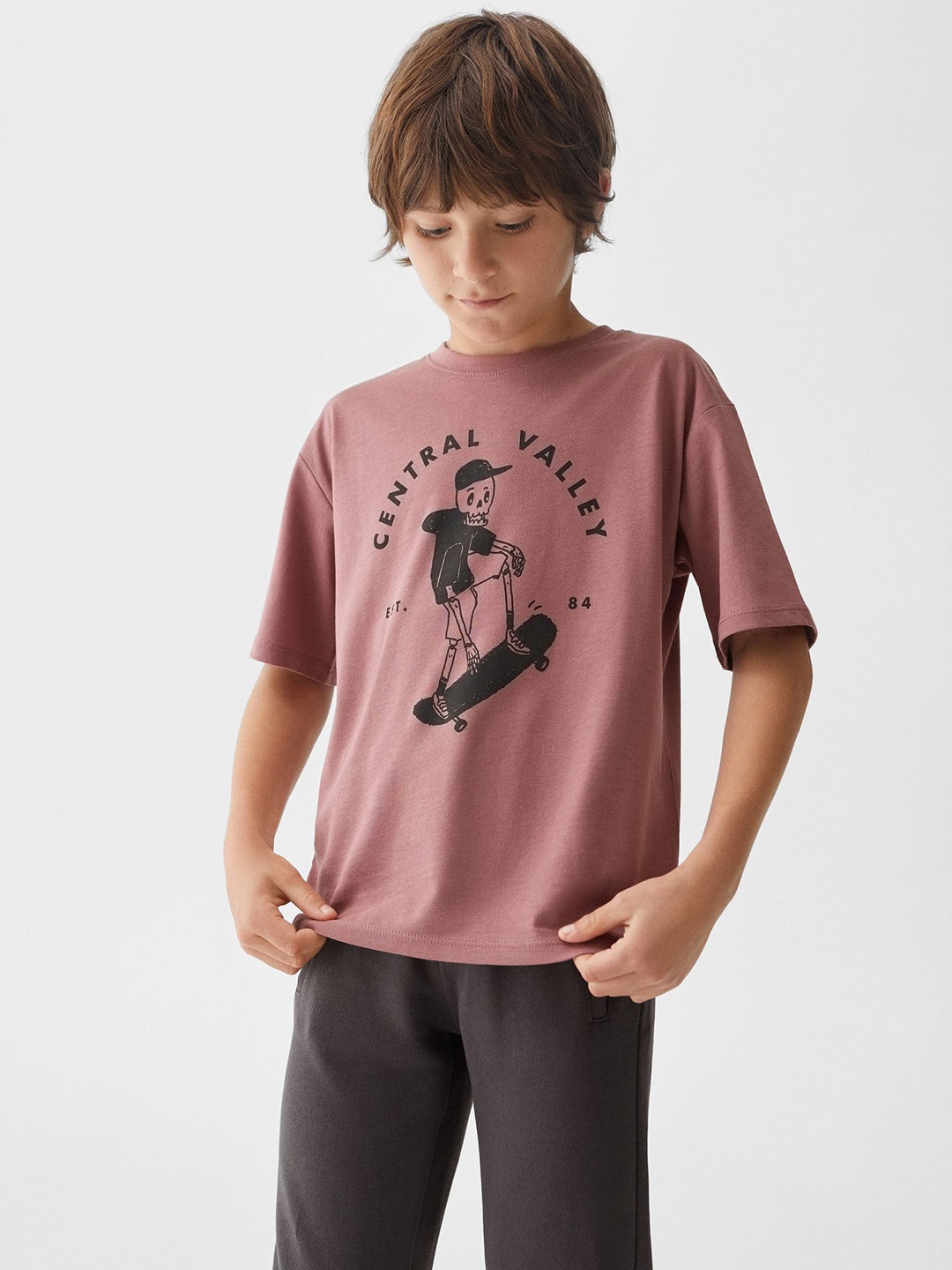 

Mango Kids Boys Pure Cotton Printed Drop-Shoulder Sleeves T-shirt, Rose