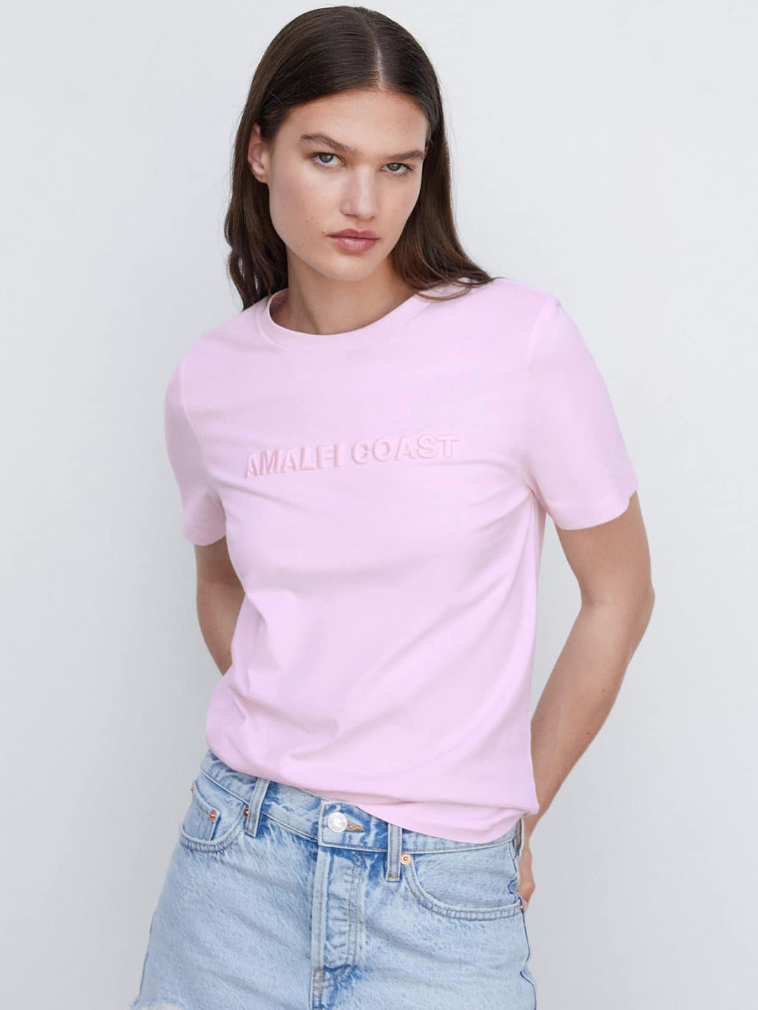 

MANGO Embroidered Pure Cotton T-shirt, Pink