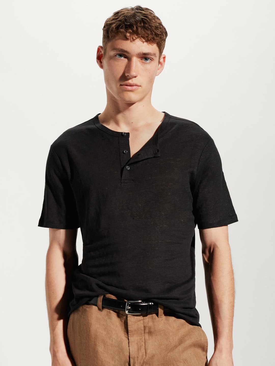 

MANGO MAN Round Neck Linen T-shirt, Black