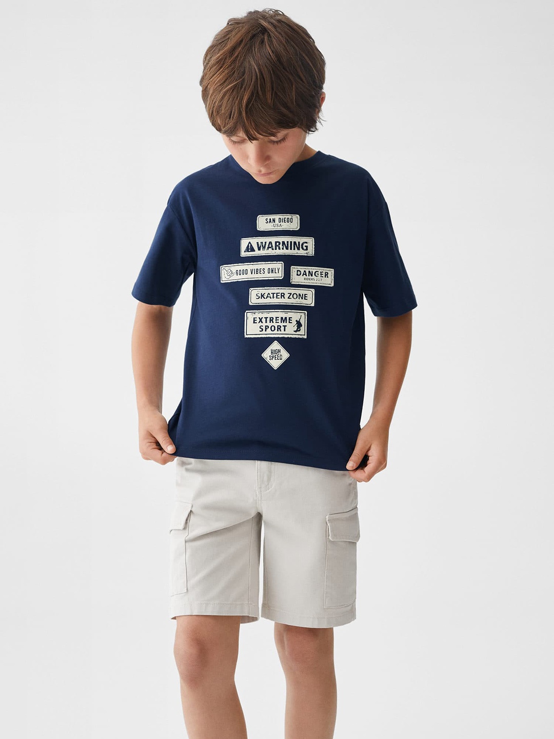 

Mango Kids Boys Typography Printed Pure Cotton T-shirt, Navy blue