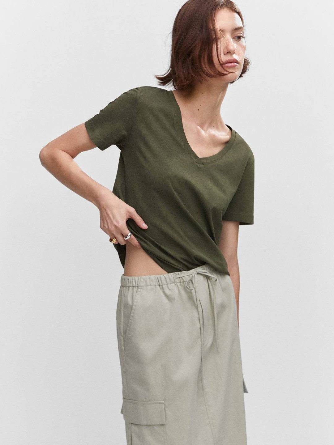 

MANGO Women V-Neck Pure Cotton T-shirt, Olive