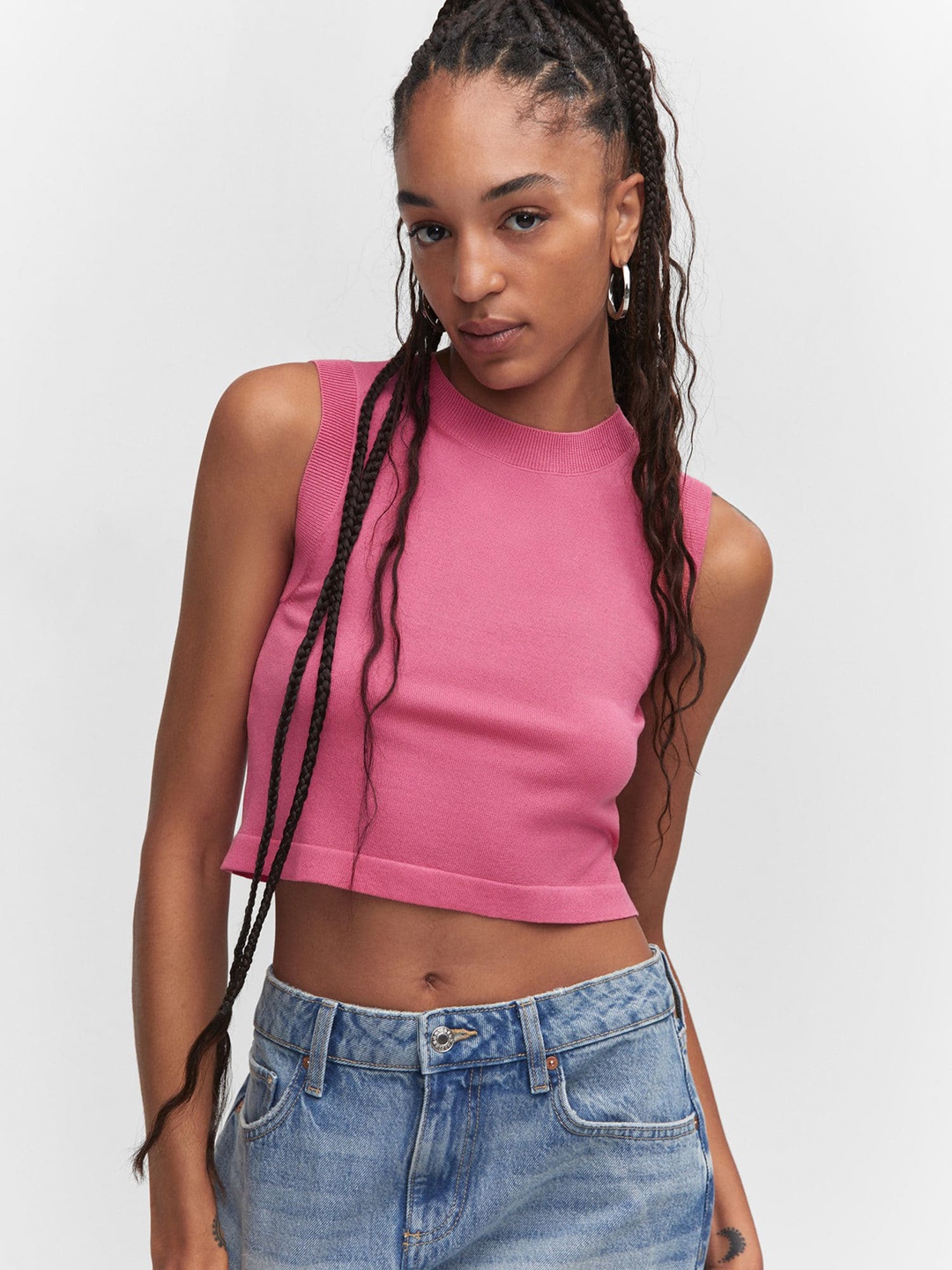 

MANGO Solid Slim Fit Sleeveless T-shirt, Pink