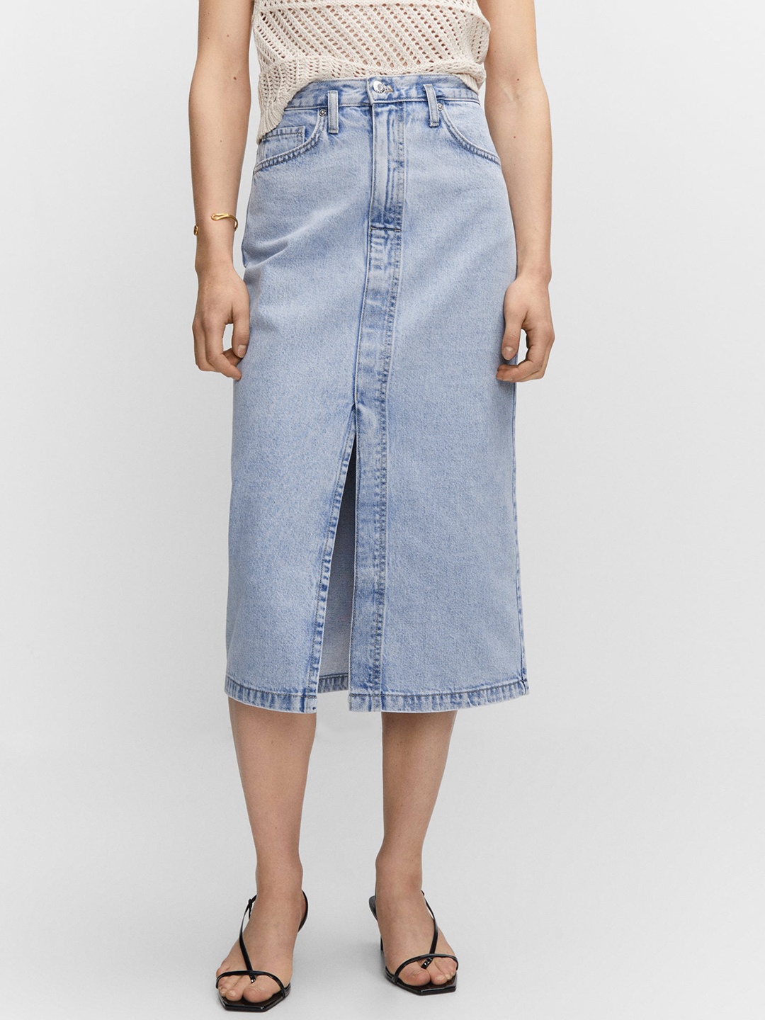 

MANGO Pure Cotton Denim Straight Front Slit Midi Skirt, Blue
