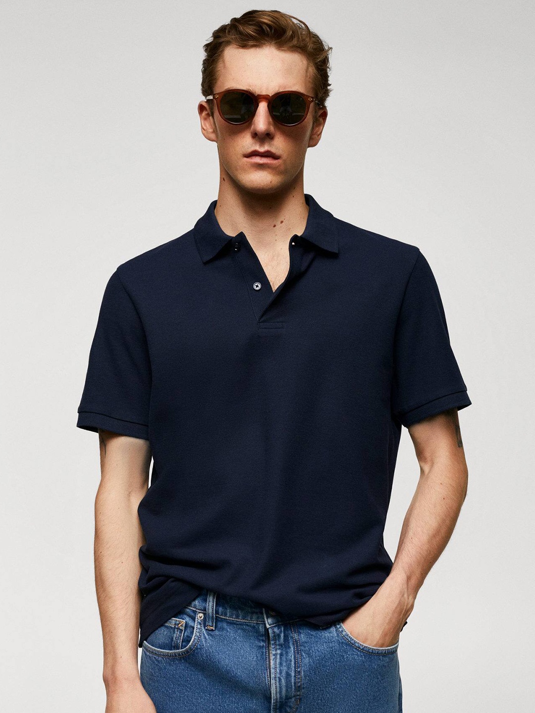 

MANGO MAN Pure Cotton Polo Collar T-shirt, Black