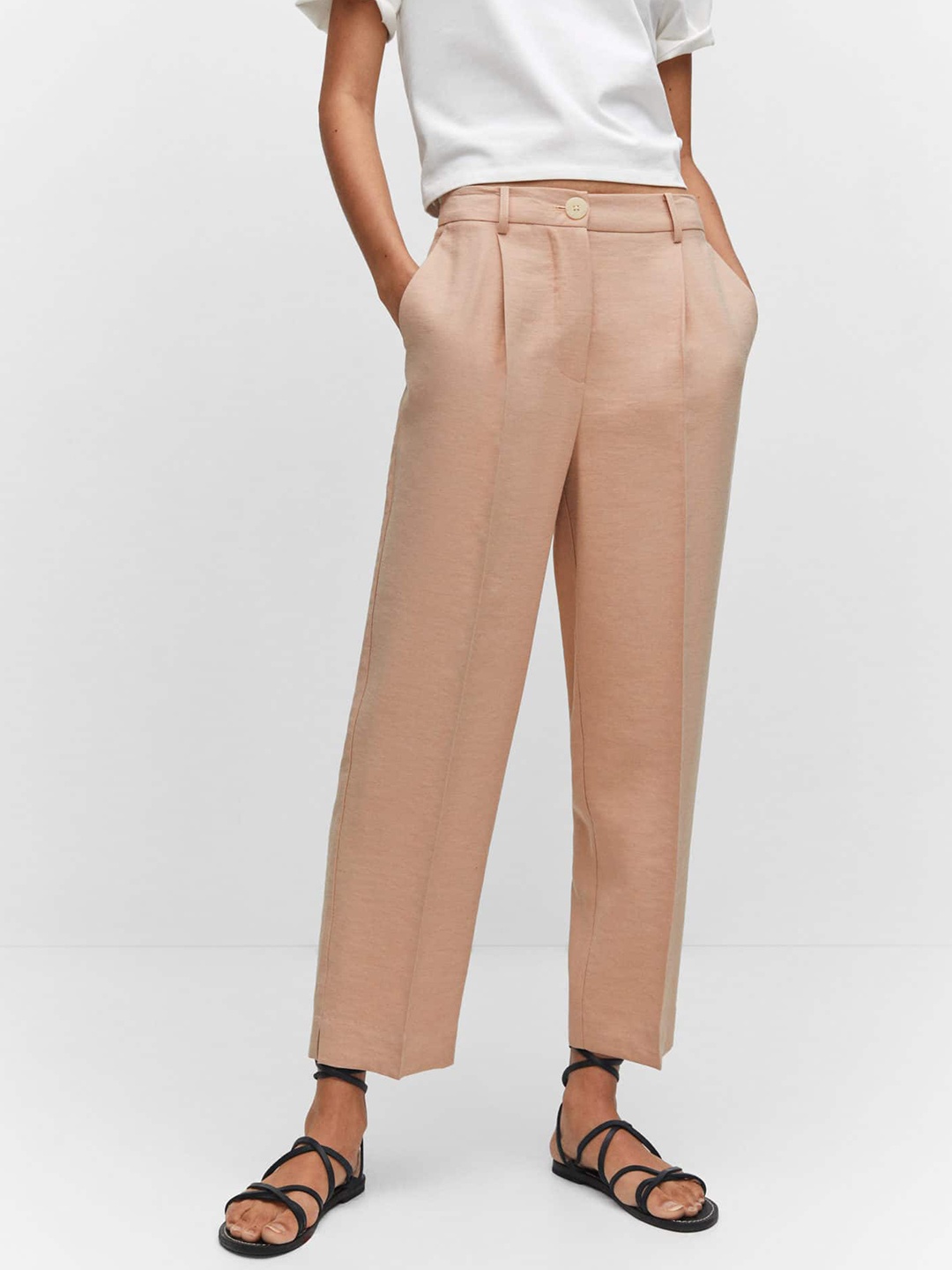 

MANGO Women Straight Fit High-Rise Pleated Trousers, Pink