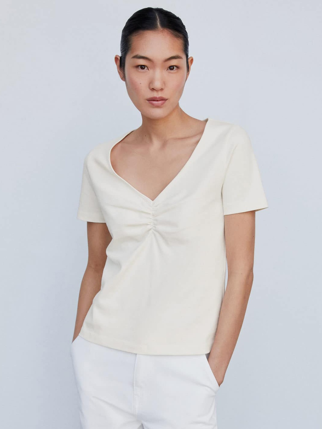 

MANGO V-Neck Pure Cotton T-shirt, Off white