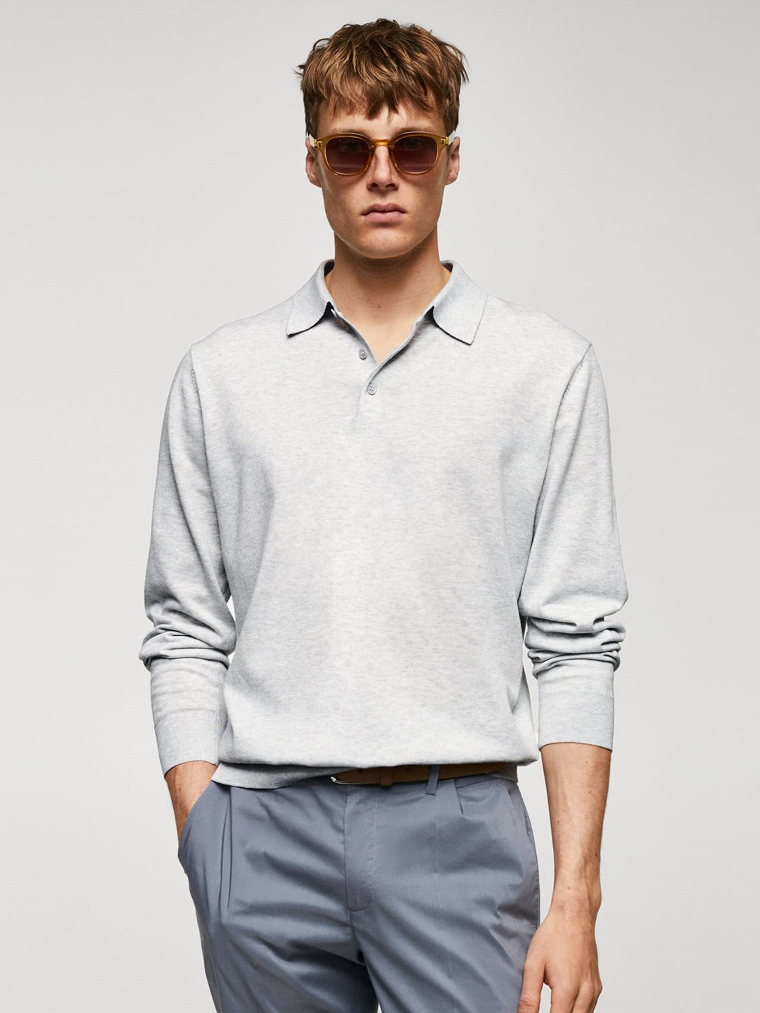 

MANGO MAN Solid Polo Collar T-shirt, Grey melange