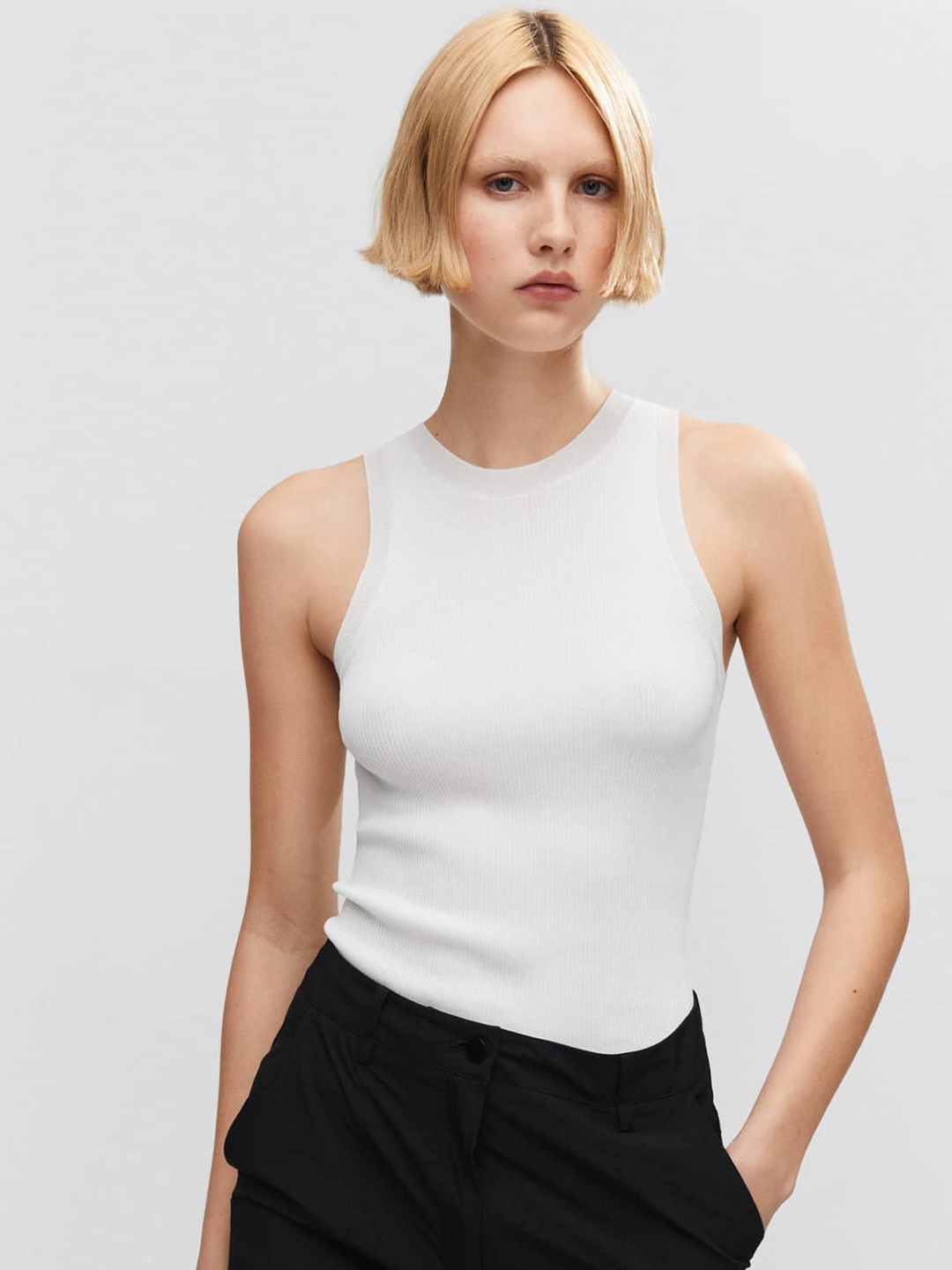 

MANGO Ribbed Fitted Top, White