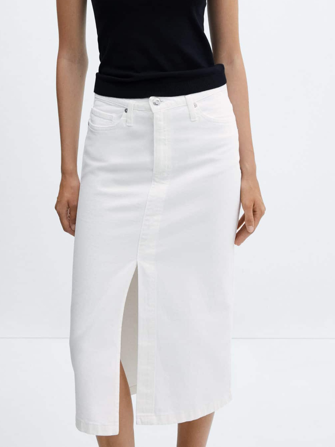 

MANGO Women Cotton Front-Slit Denim Skirt, White