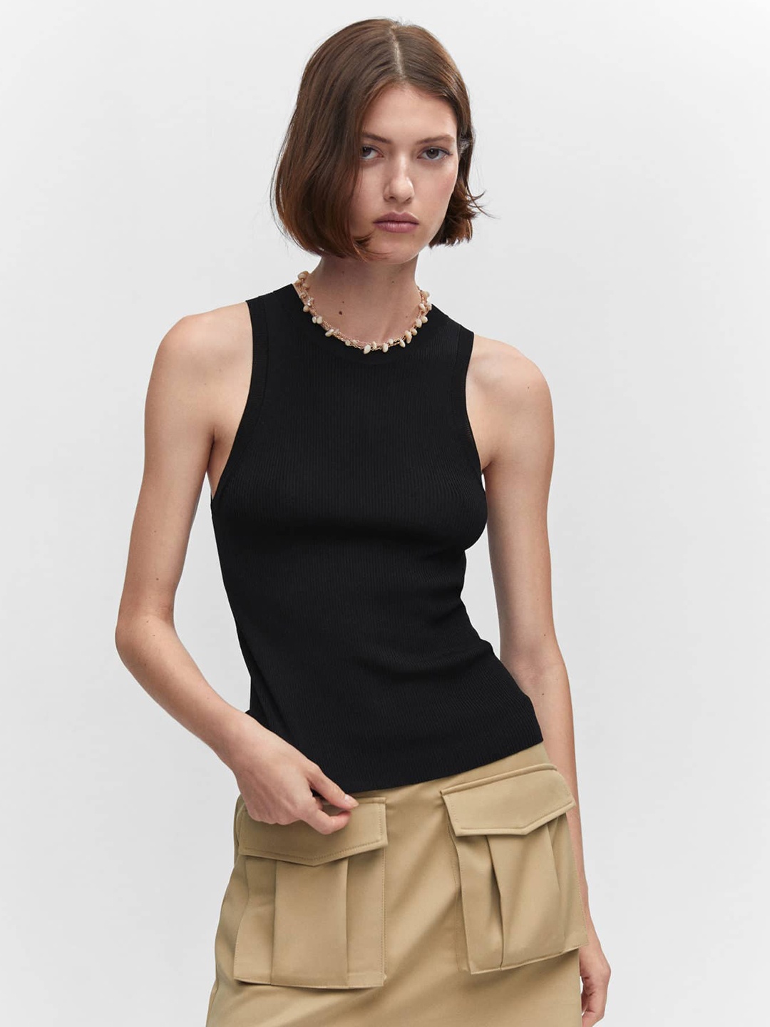 

MANGO Round Neck Fitted Top, Black