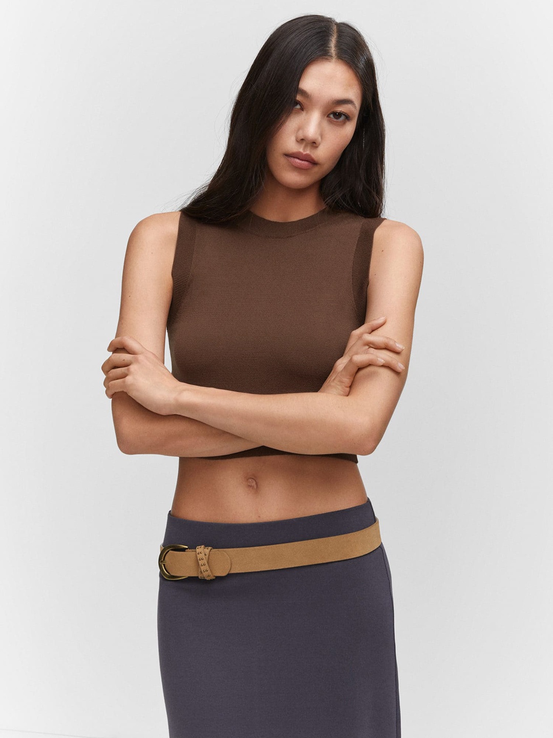 

MANGO Women Crop T-shirt, Brown