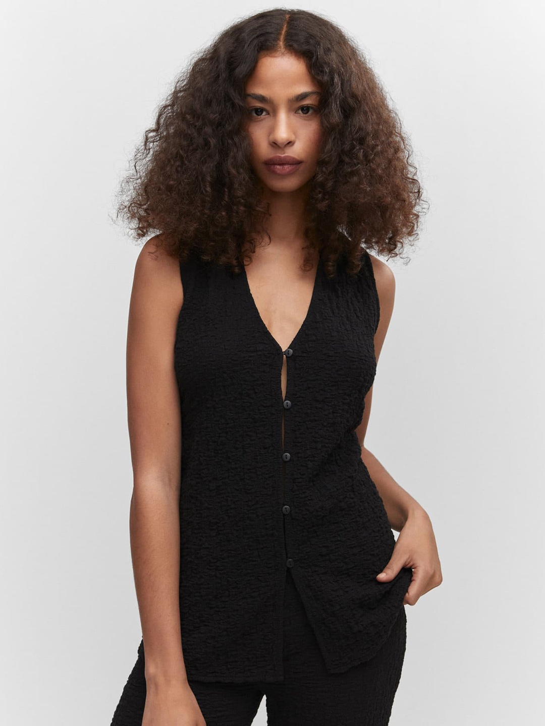 

MANGO Textured V-Neck Top, Black