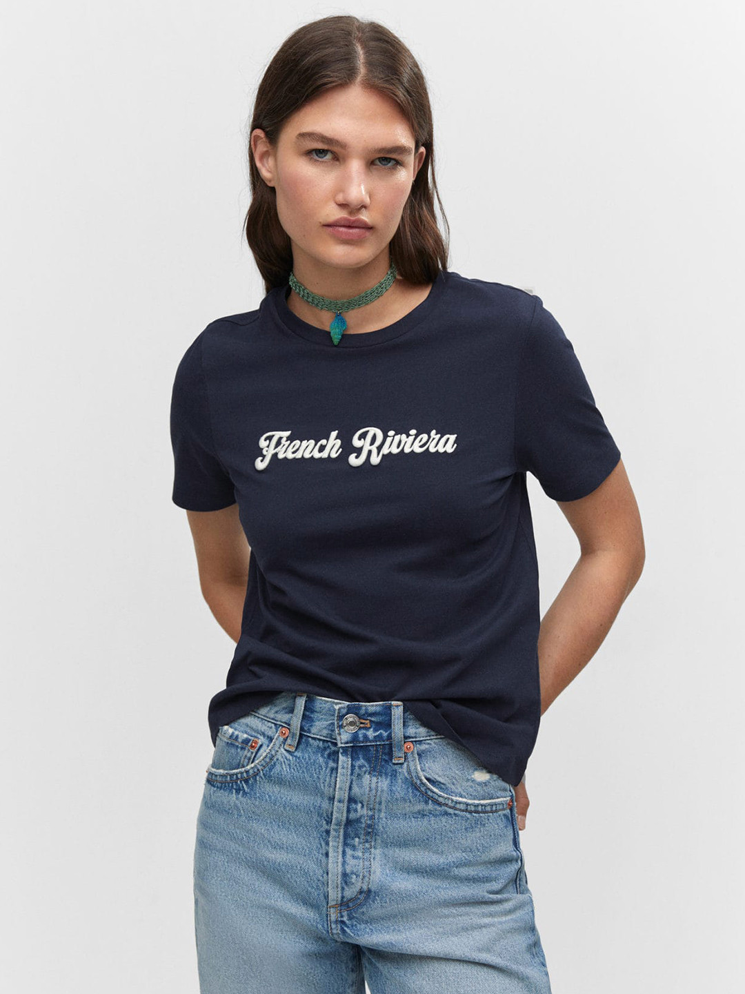 

MANGO Typography Printed Pure Cotton T-shirt, Navy blue