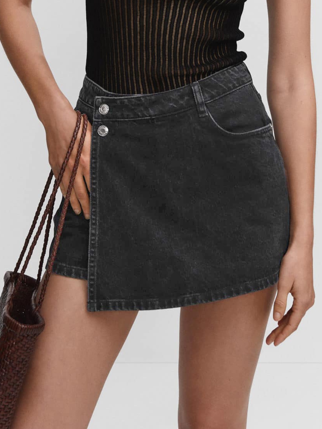 

MANGO Pure Cotton Denim Skorts, Black