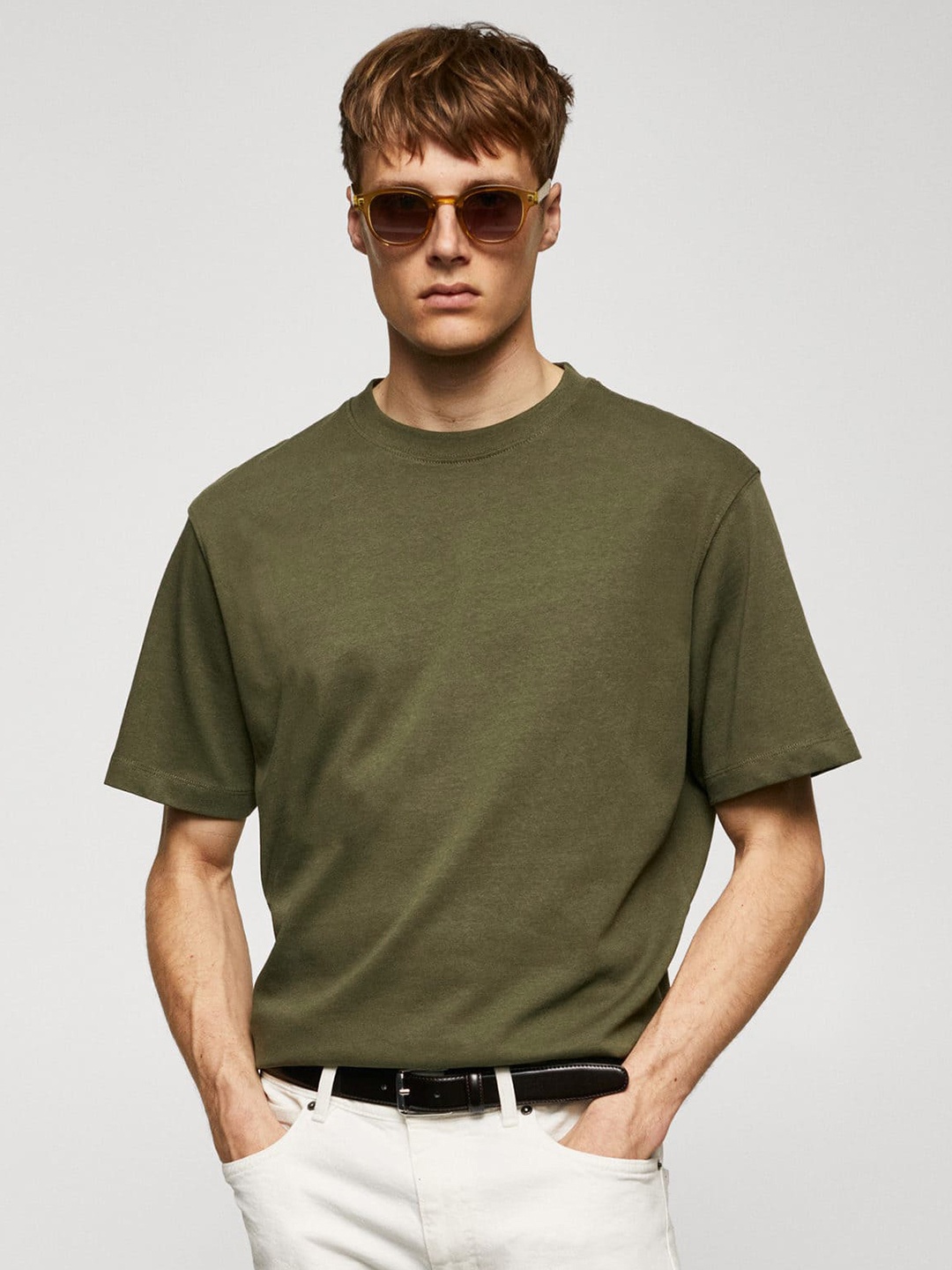 

MANGO MAN Round Neck Pure Cotton T-shirt, Olive