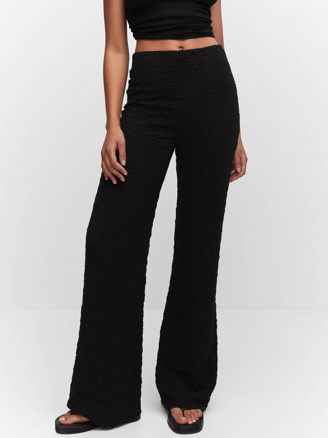 

MANGO Women Textured Wide Leg High-Rise Trousers, Black