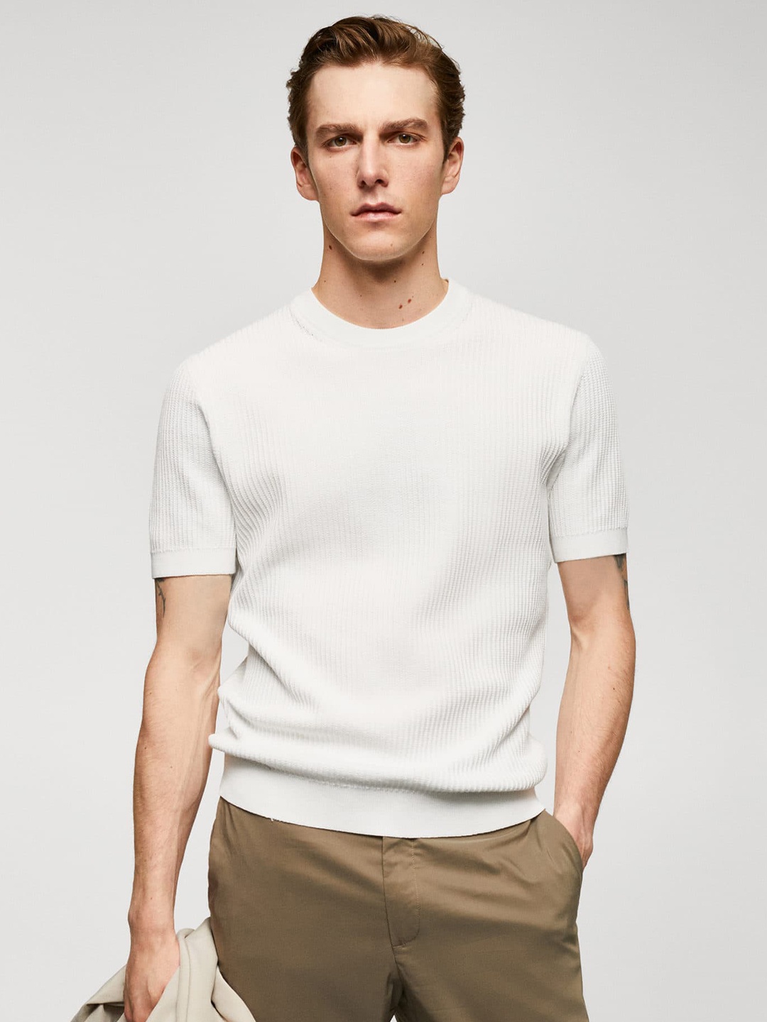 

MANGO MAN Self-Striped Pure Cotton T-shirt, White
