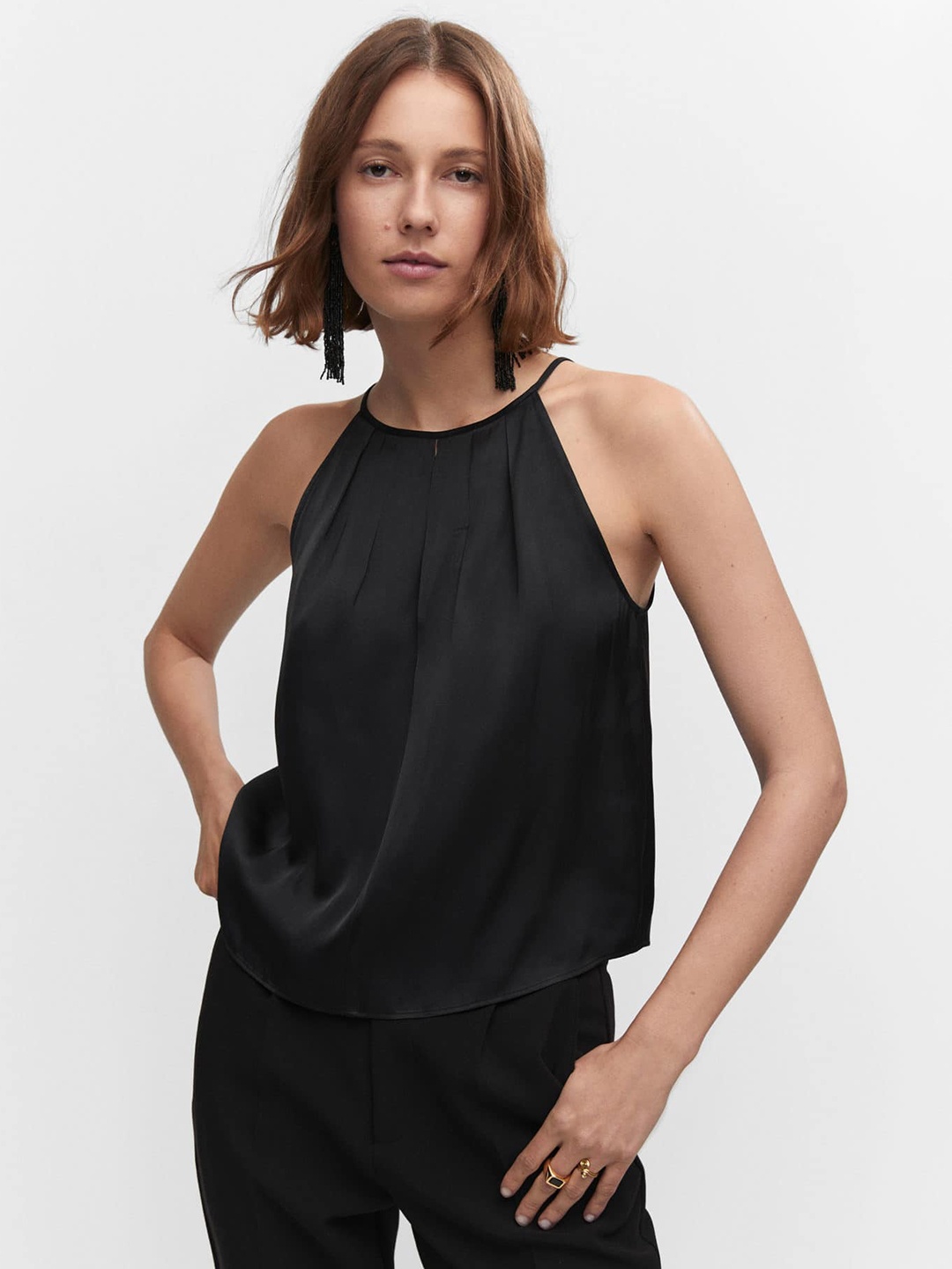 

MANGO Satin Sheen Top, Black