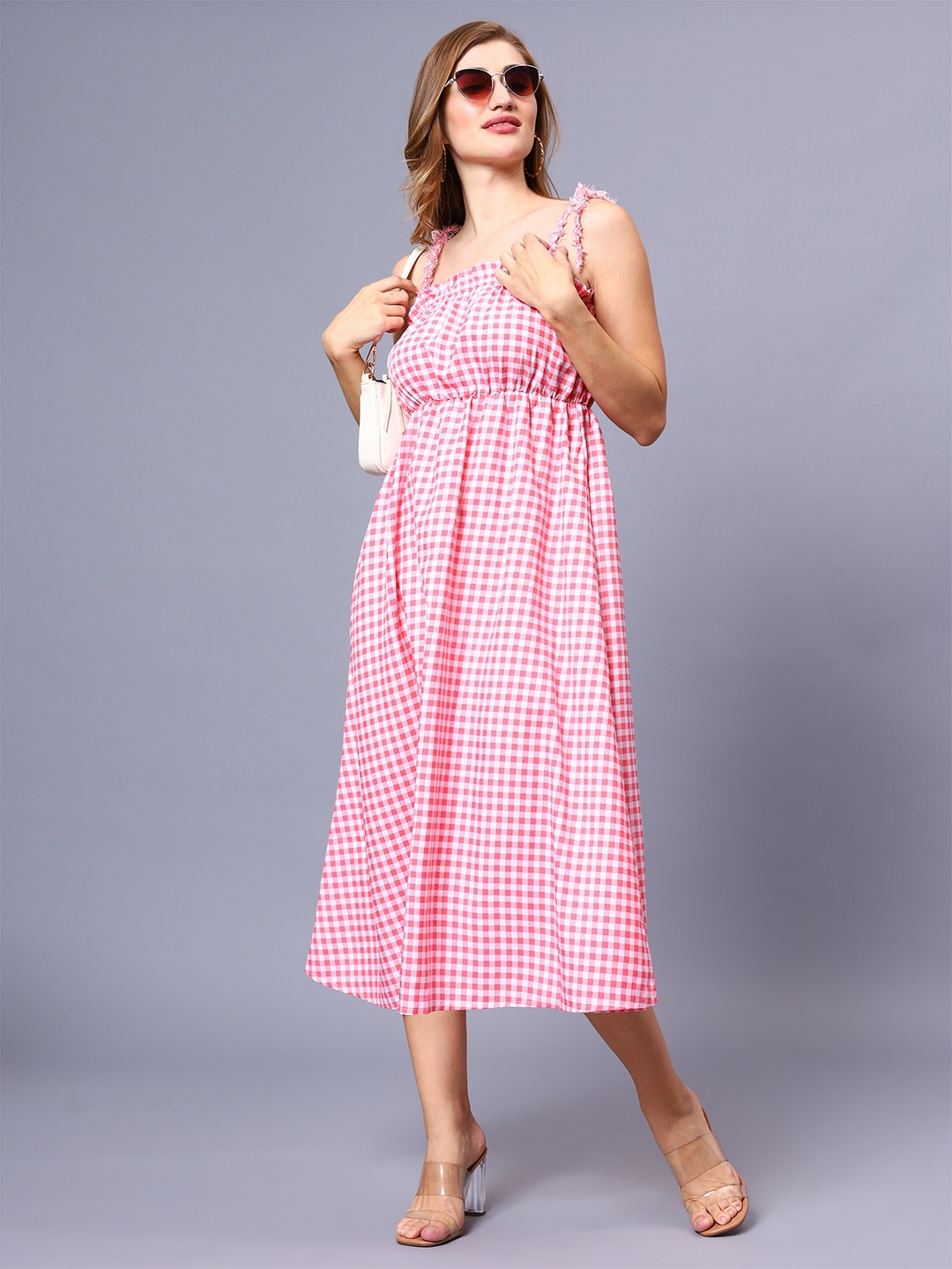 

Sipsew Checked Shoulder Strap Empire Dress, Pink