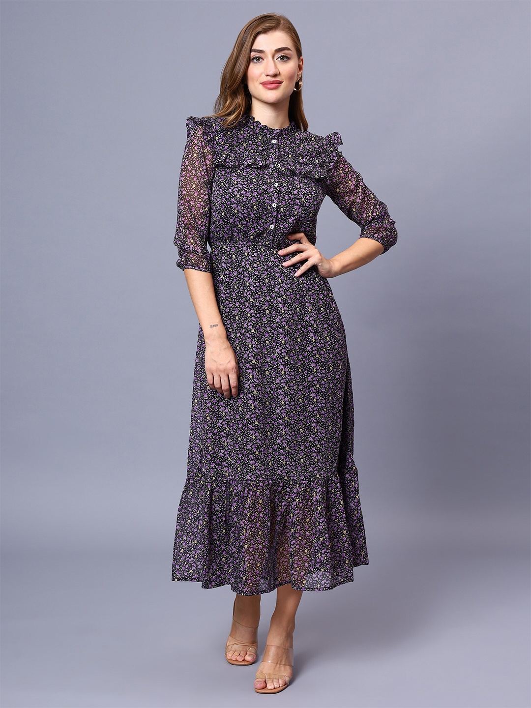 Sipsew Floral Printed Mandarin Collar Georgette Fit & Flare Midi Dress, Multi