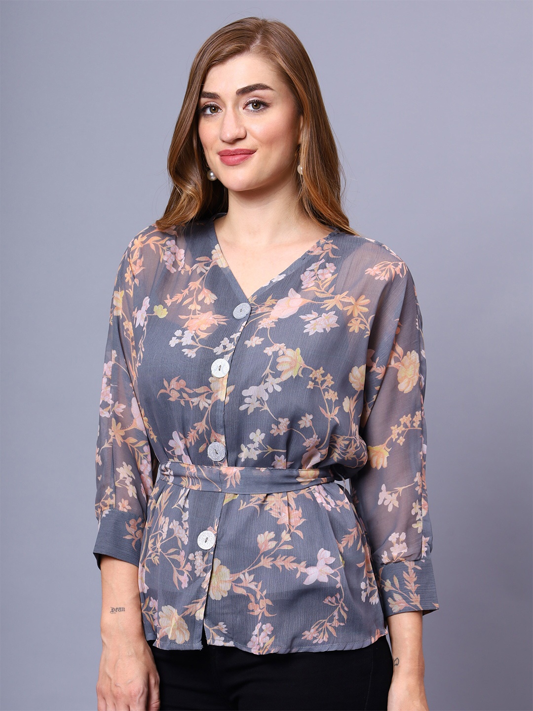 

Sipsew Floral Printed V-Neck Shirt Style Top, Grey