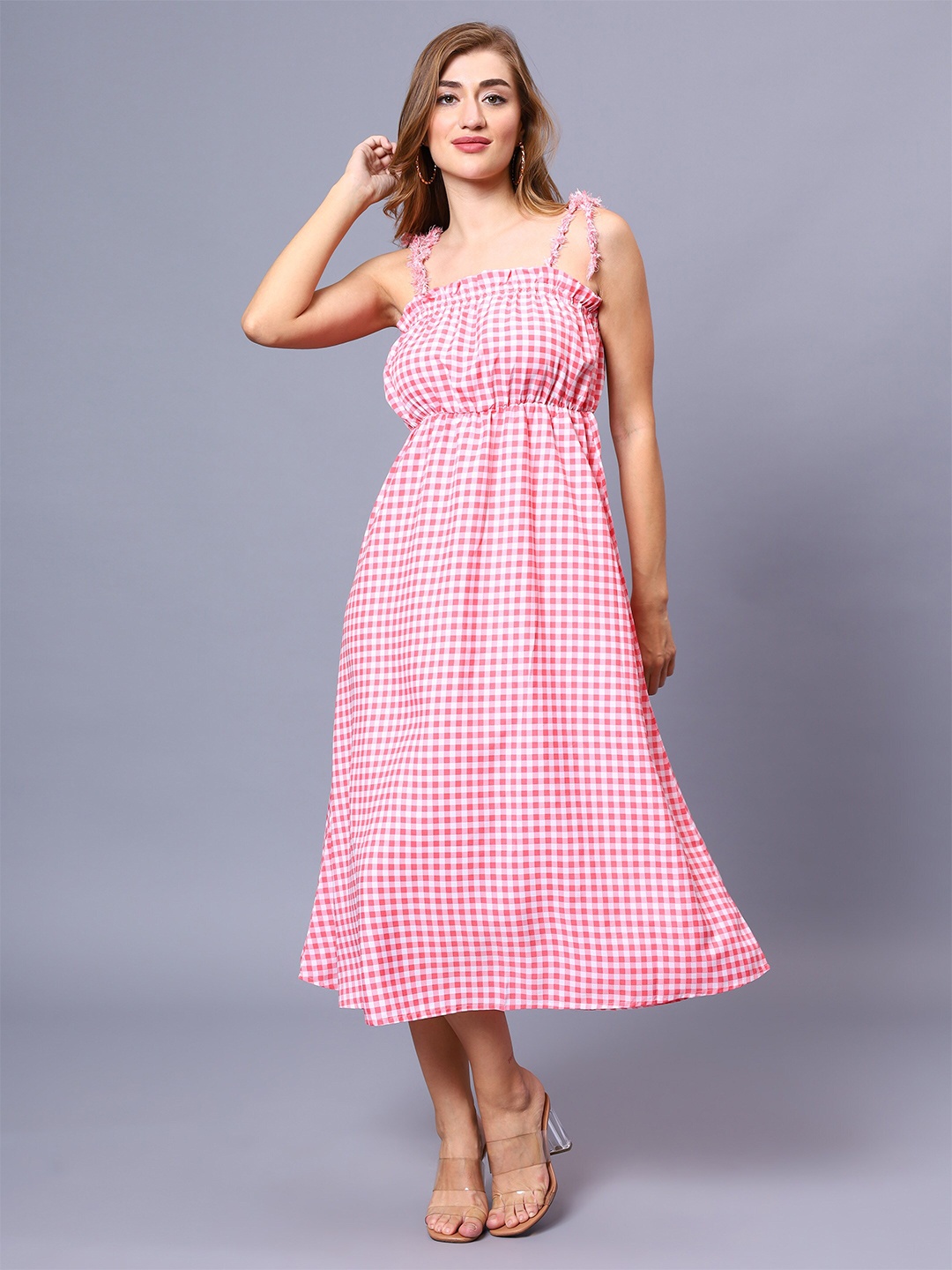 

Sipsew Checked Shoulder Strap Empire Dress, Pink