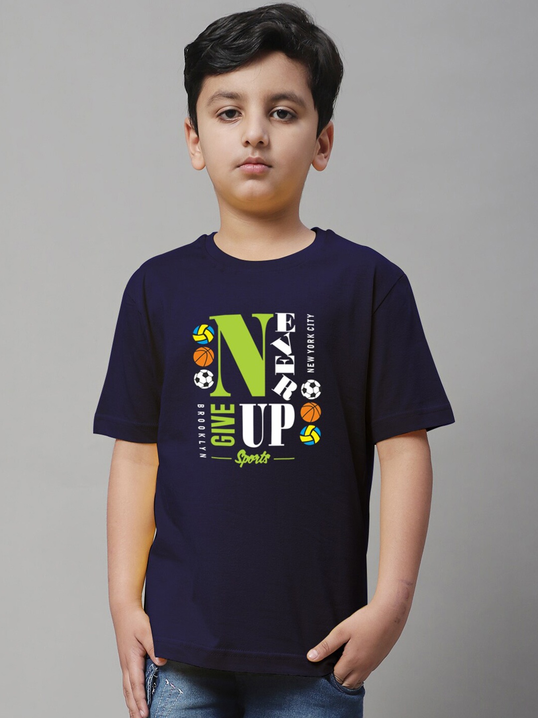 

Friskers Boys Typography Printed Slim Fit Cotton T-shirt, Navy blue