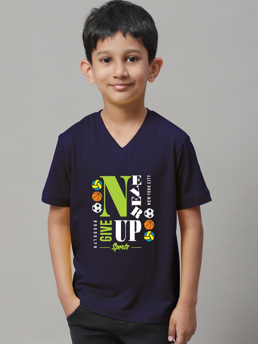 

Friskers Boys Typography Printed Slim Fit Cotton Lycra T-shirt, Navy blue
