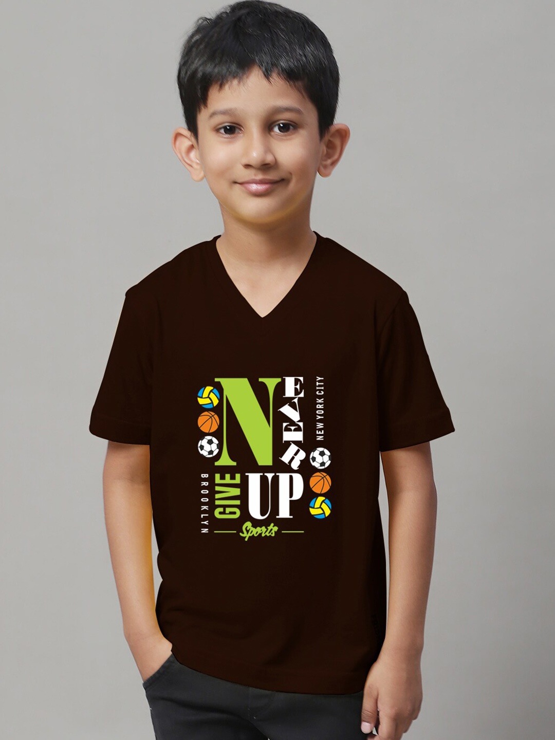 

Friskers Boys Typography Printed Slim Fit Cotton Lycra T-shirt, Brown